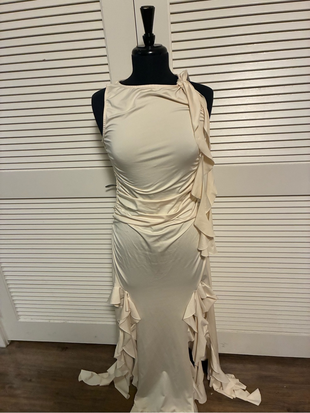 One-Shoulder Cream Ruffle Evening Gown - Women's Formal Dress